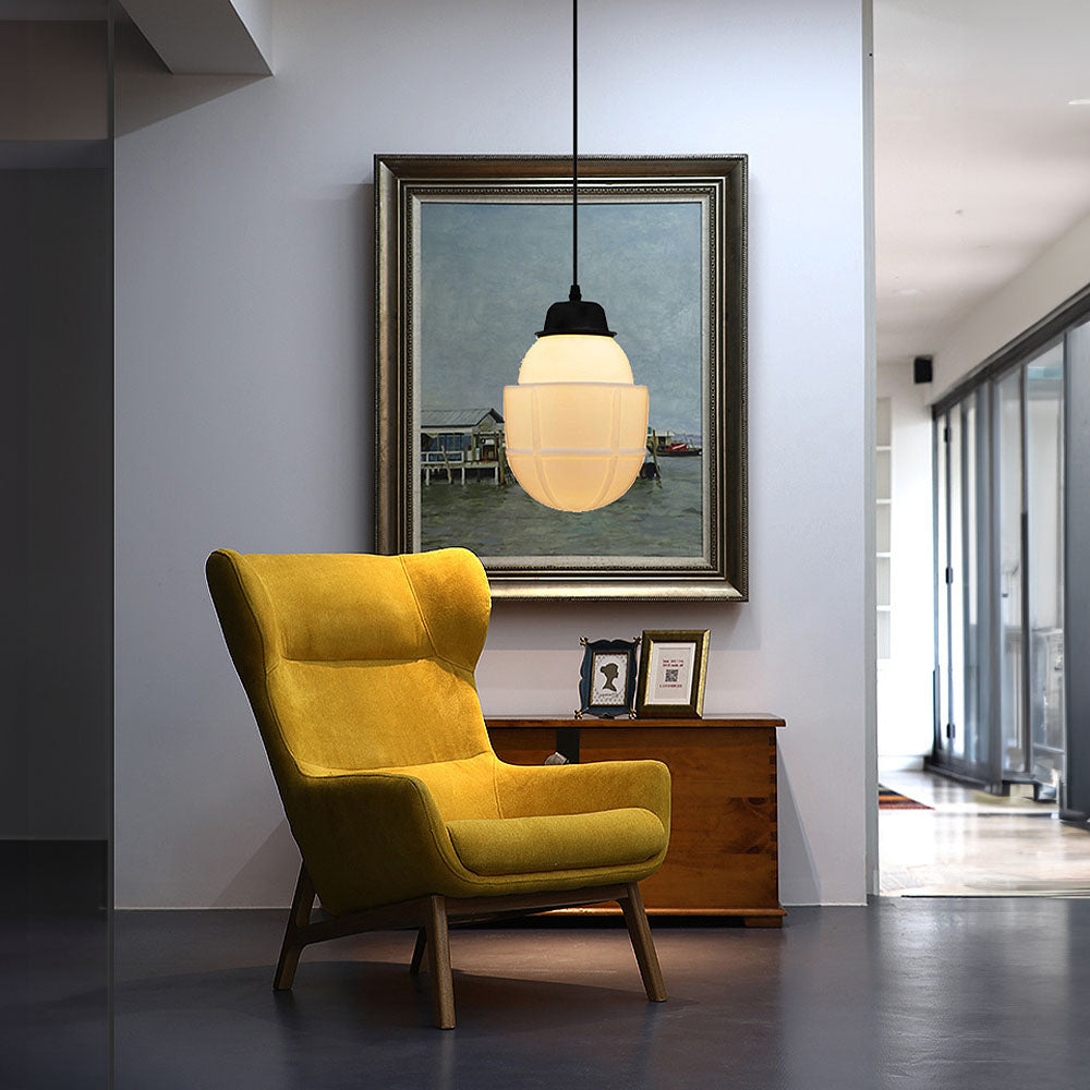 Geometryczna lampa wisząca słoik z białego mlecznego szkła w stylu vintage