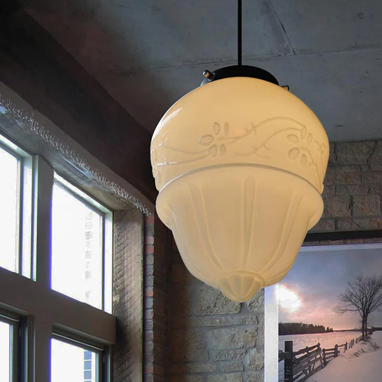 Geometryczna lampa wisząca słoik z białego mlecznego szkła w stylu vintage