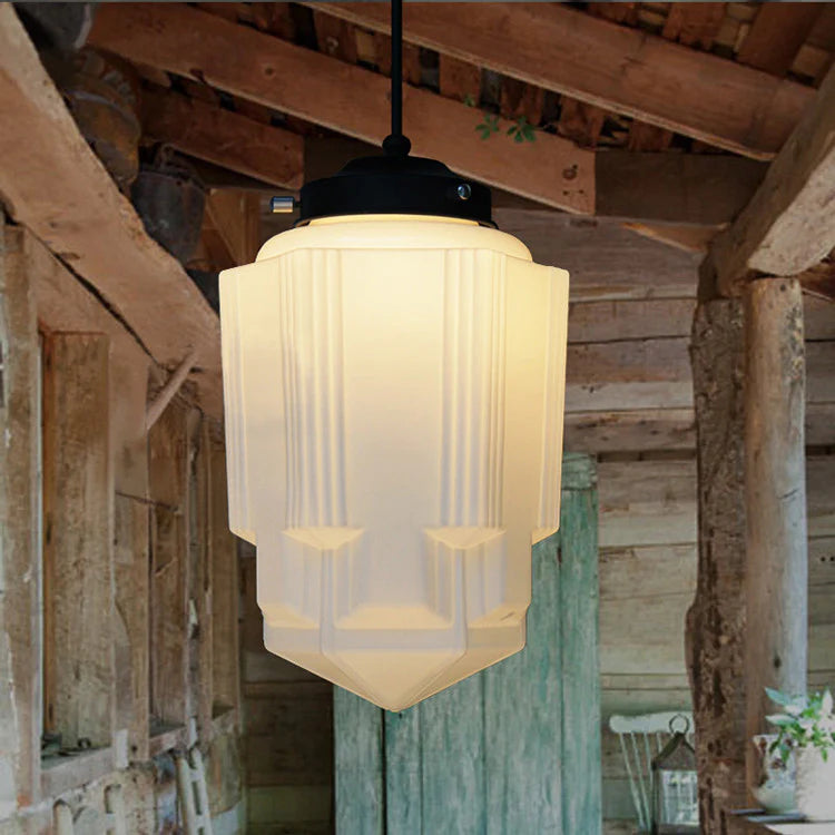 Geometryczna lampa wisząca słoik z białego mlecznego szkła w stylu vintage