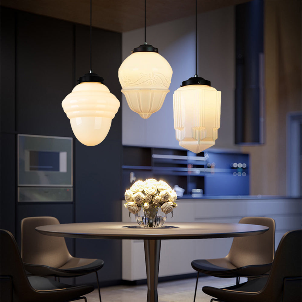 Geometryczna lampa wisząca słoik z białego mlecznego szkła w stylu vintage